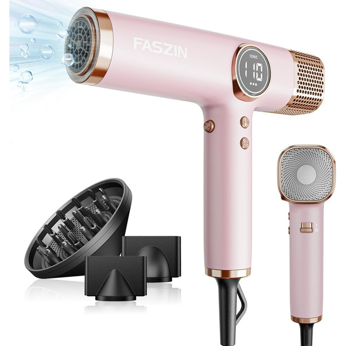 Фен для волосся Faszin з іонізацією, 110 000 RPM, LED-дисплей, 3 насадки, рожевий