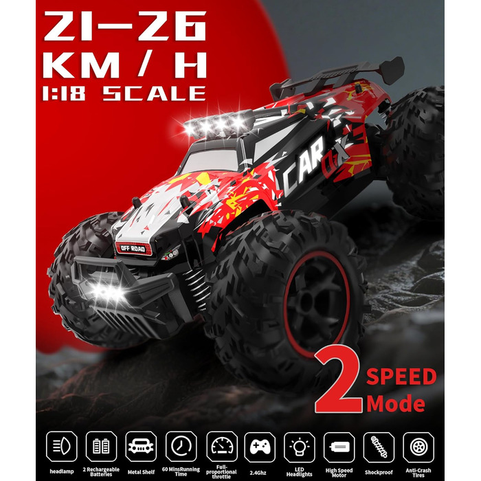 Радіокерований позашляховик Carox 1:18, 2.4 GHz, 25 км/год, червоний. RC монстр-трак з підсвіткою для гри