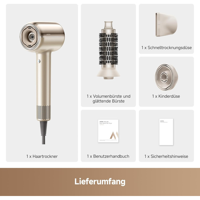 Фен для волосся MOVA Shine 20 з дифузором, високошвидкісним двигуном та плазмовим доглядом, NTC-контролем температури, Gold