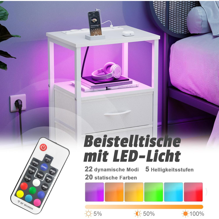 Нічний столик з LED-підсвіткою та функцією зарядки, з шухлядою, 3 розетки AC та USB, для вітальні/спальні (40T x 30B x 60H cm, Білий)