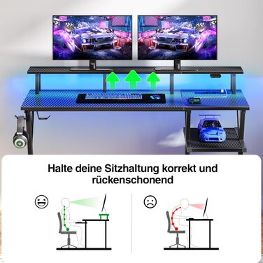 Ігровий стіл SEVEN WARRIOR з LED-підсвічуванням та розетками, стіл для комп'ютера з підставкою для монітора та системного блоку, письмовий стіл з 2 гачками та підставкою для ніг, ідеально для спальні/офісу, 120 x 47 x 87 см