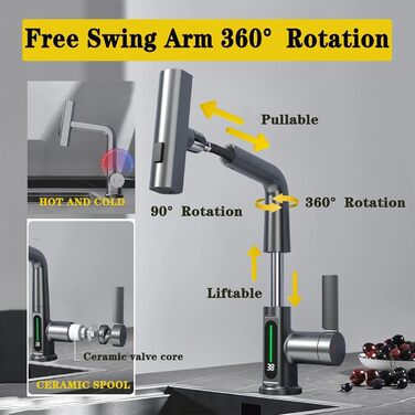 Змішувач для кухні з висувною душовою кабіною, LED-дисплей, обертається на 360, регулюється по висоті (сірий)