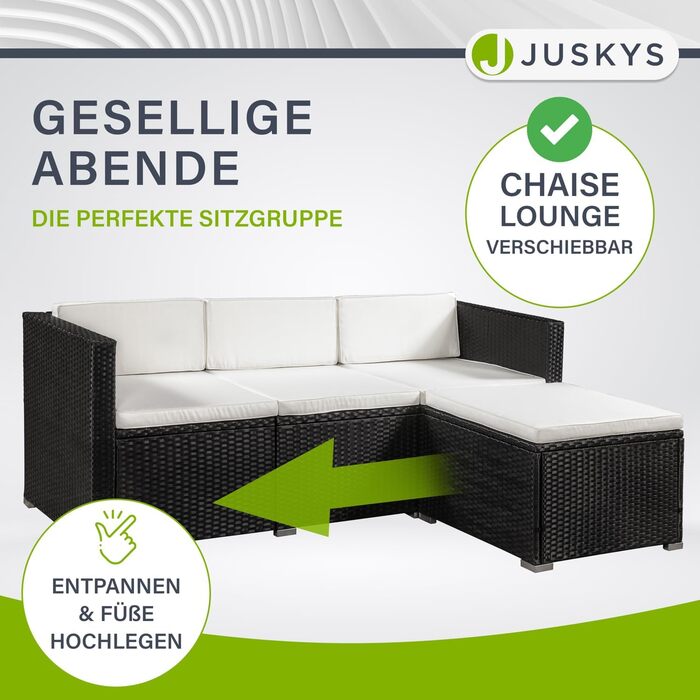 Juskys Lounge Punta Cana L: Комплект садово-розкішних меблів для 4-5 осіб (софа 3 місця, крісло, пуф, столик, подушки). Чудовий вибір для саду, тераси та балкону. Водостійкий набір меблів для відпочинку. Чорний/Крем.