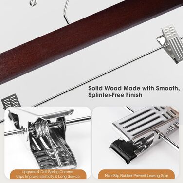 Дерев'яні вішалки для штанів Ulimart: 12 шт., масивне дерево, з кліпсами, регульовані, для джинсів, шортів, штанів (натуральне дерево, коричневий)