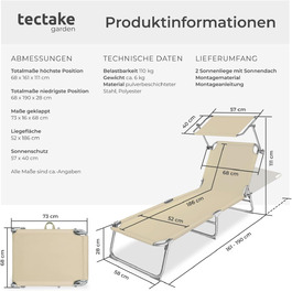 Шезлонг для саду Tectake 2 шт. з сонцезахистом, регульована спинка, до 110 кг - Бежевий