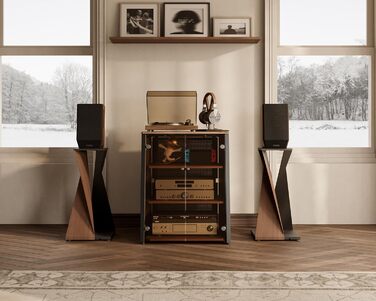 FITUEYES HiFi стійка з скляними дверцятами, стіл для програвача з захисним оснащенням, регульовані полиці для програвача та стереосистем, 66x65x81 см