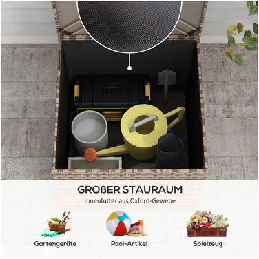 Ящик для подушок з поліротангу, тканинна внутрішня оббивка, легке відкривання/закривання, металевий каркас, 75B x 75T x 70H см, Чорний