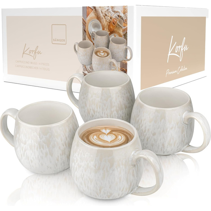 Набір чашок SÄNGER Korfu, 4 шт. - чашки для кави та чаю, ручної роботи, 300 мл, набір для 4 осіб, стійкий до миття в посудомийній машині, кремовий колір з пісочною текстурою, PREMIUM COLLECTION