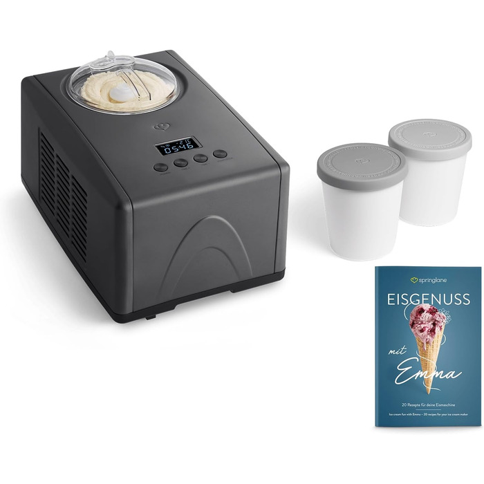 Електрична морозивомашина Springlane 1.5L з самоохолоджуючим компресором 150W, з нержавіючої сталі, знімний контейнер для льоду, рецептурник (Антрацит, Emma + 2 сірі контейнери для зберігання)