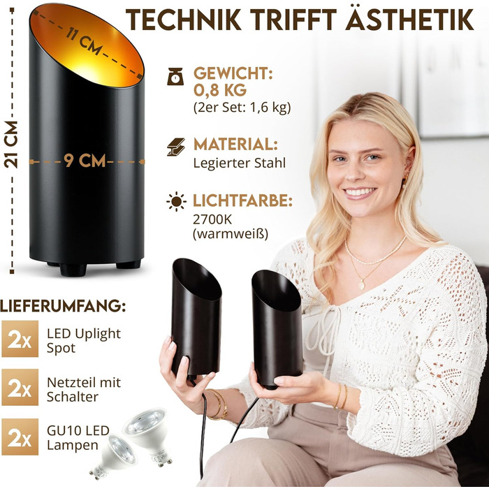 LED прожектор для підсвічування (2 шт) білий 6W, підлоговий світильник для непрямого освітлення в вітальню, настільна лампа GU10 230V, тепле світло 2700K (Чорний)