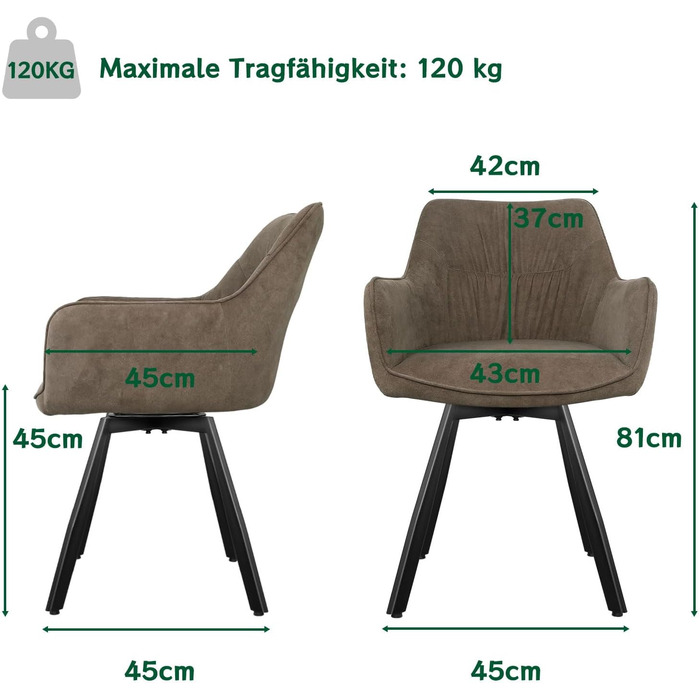 Набір обідніх крісел 6 шт. з поворотним механізмом, крісла з підлокітниками, поворот на 360°, м'яке крісло з велюру, для вітальні, кухні, робочого кабінету, спальні, коричневе, 6 шт.
