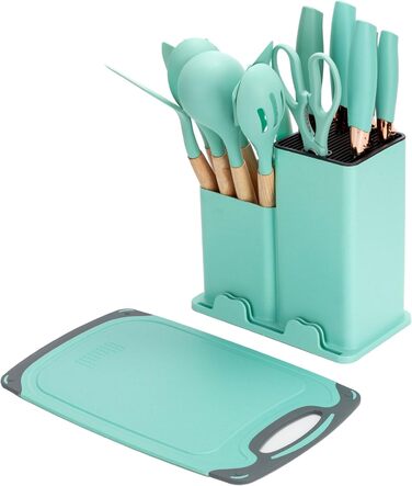 Набір кухонних ножів EliteHoff 19 предметів: 5 ножів, 12 кухонних аксесуарів, дошка для нарізання та підставка. Зручні дерев'яні ручки, силіконові аксесуари, безпечні для харчових продуктів, придатні для миття в посудомийній машині, чорний (E-6073)