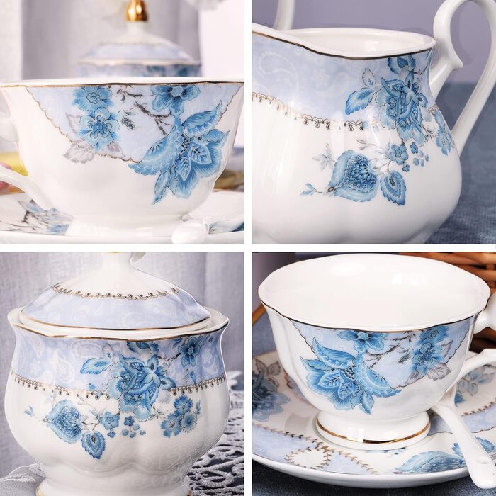 Набір чаю Fanquare Blue Floral Porcelain на 6 осіб, включаючи чайник, цукорницю та глечик для вершків