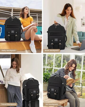 LOVEVOOK Рюкзак для ручної поклажі, жіночий рюкзак для подорожей, водонепроникний рюкзак для ноутбука 17 дюймів, шкільний рюкзак для жінок/студенток, чорний/коричневий (45x32x15 см)