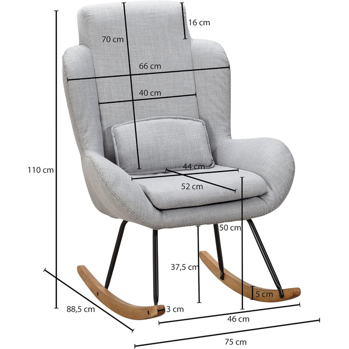 Крісло-гойдалка FineBuy Capri з тканини та дерева, сірого кольору, 75 x 110 x 88,5 см