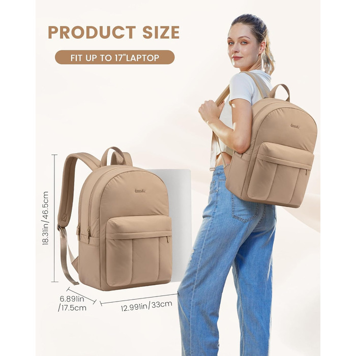 LOVEVOOK Рюкзак для жінок, середній, шкільний, для підлітків, елегантний, з відділенням для ноутбука, легкий, водонепроникний, для школи, університету, подорожей (Хакі, 17 дюймів)