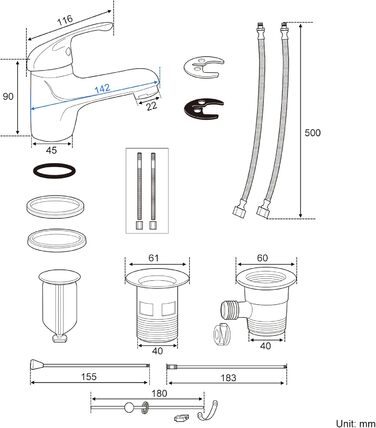 Змішувач для ванної кімнати з витяжною штангою, однорідний змішувач, хромований, з витяжною штангою, для ванної кімнати, з сифоном