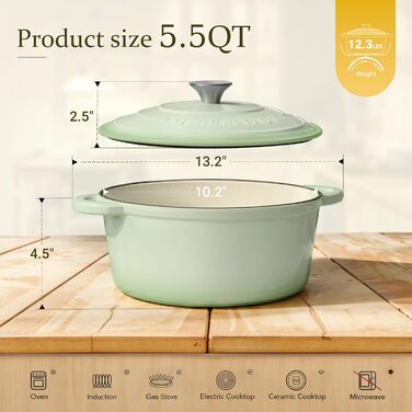 Чавунна казан-каструля Overmont з емалевим покриттям 26см, 5.2л, Bean Green — універсальний горщик для тушкування та запікання з кришкою та кулінарною книгою