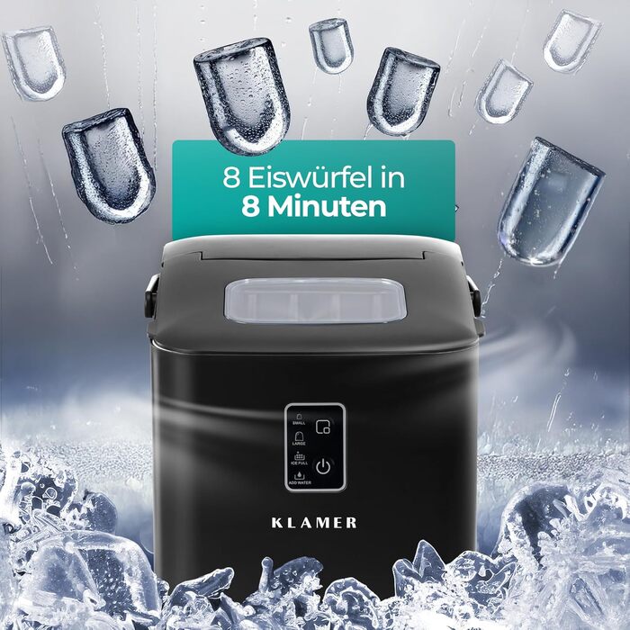 Льодогенератор KLAMER 24 кг/добу, 3 розміри кубиків льоду, 2.2л резервуар, 130W, тихий, чорний