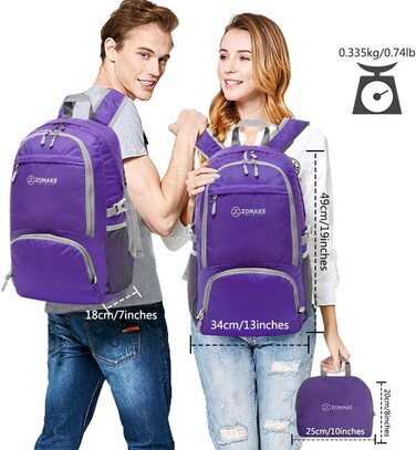 Легкий складной рюкзак ZOMAKE - упаковваеме рюкзаки об'ємом 30 л, невеликі складні рюкзаки, похідний рюкзак, сумка для жінок і чоловіків, походи на відкритому повітрі (фіолетовий)