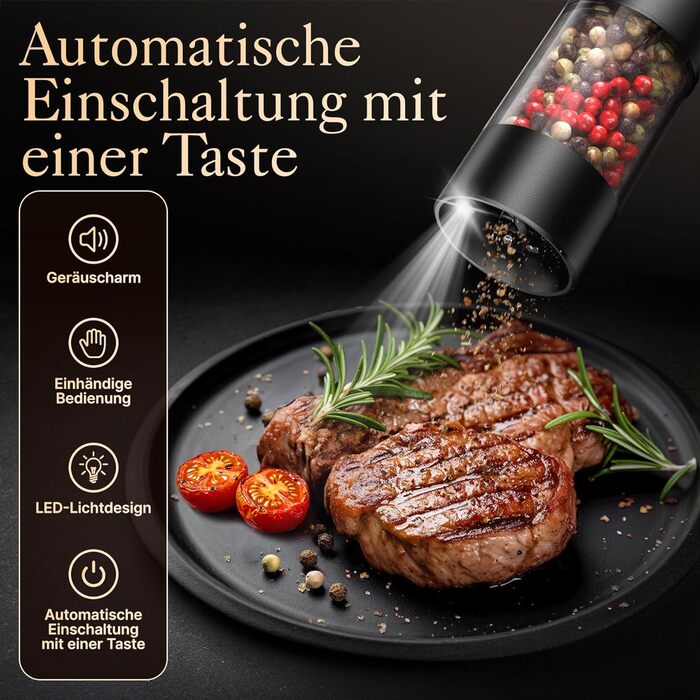 Електричні мельниці для солі та перцю 2 шт. з USB-C зарядкою, 100 мл, 6 ступенів помелу, для зручного використання однією рукою, з LED-підсвічуванням, керамічний жорно, для спецій