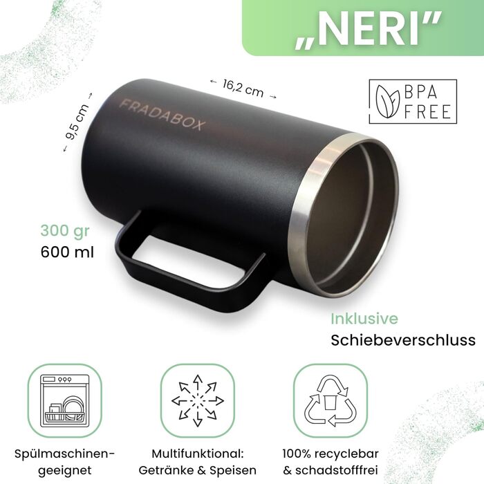 Термокружка 'Neri' 600 мл, нержавіюча сталь, з подвійними стінками, вакуумна ізоляція, для кави з собою, BPA-Free, миється в посудомийній машині, з кришкою-ковпачком (Чорний, Турквіз)