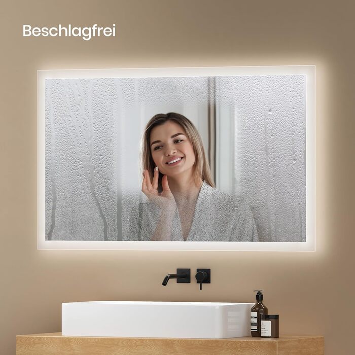 Дзеркало для ванної кімнати EMKE з підсвічуванням 120x60 см, тепле біле світло 3000K, вимикач, антизапар, 2 кольори світла, матовий край