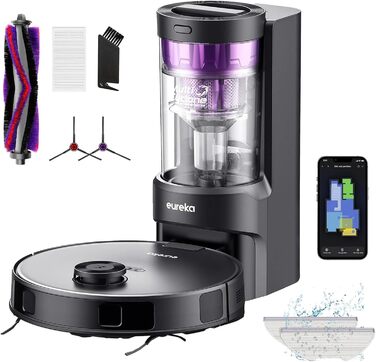 Робот-пилосос EUREKA E10s 2.Gen з вологою ганчіркою + станція самоочищення (4000Pa, LiDAR, автопідйом мопа, розпізнавання килима, керування через додаток/голос), чорний