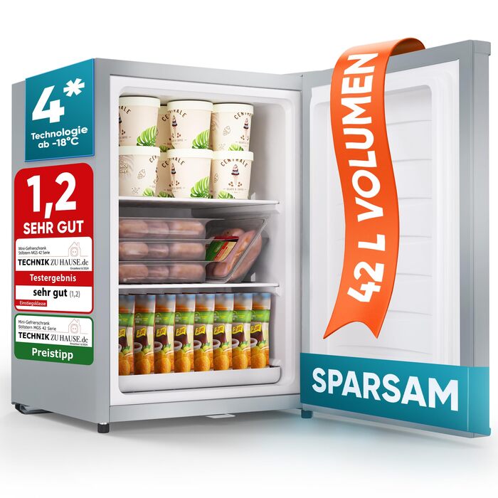 Stillstern Міні морозильник 42L -18°C з формою для льоду, замком, змінним напрямком відкривання дверцят, 4-зірковий глибокий заморожувач для кемпінгу/офісу. Срібний колір.