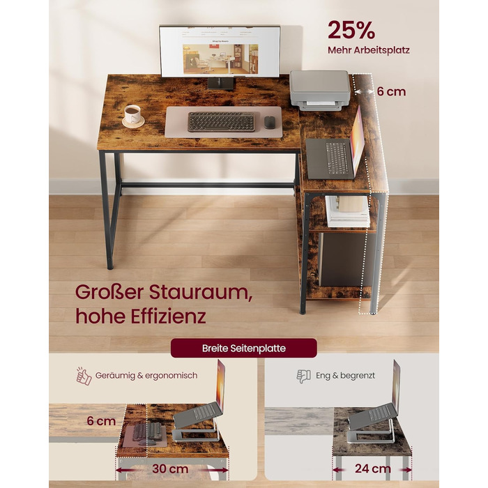 Кутовий стіл VASAGLE L-подібної форми з полицею, для офісу та дому, 110 x 80 см, vintage brown