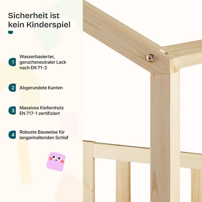 Дитяче ліжко Treviolo з захистом від падіння, 120x200 см, з ламелями, з сосни, колір дерева, Montessori