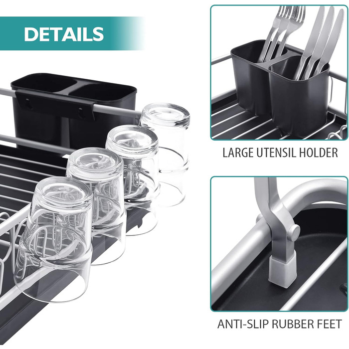 Сушарка APEXCHASER, алюмінієва підставка для посуду, антикорозійна сушарка для посуду, стійка для посуду з напівтримачем для столових приборів, 10 підстаканників, тримач для посуду, поворотний піддон для крапель для кухні