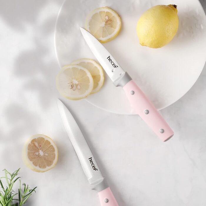 Набір ножів Hecef 14 предметів з дерев'яним блоком, професійний набір кухонних ножів з нержавіючої сталі, з ножицями, ножем для стейка та точилкою (рожевий)