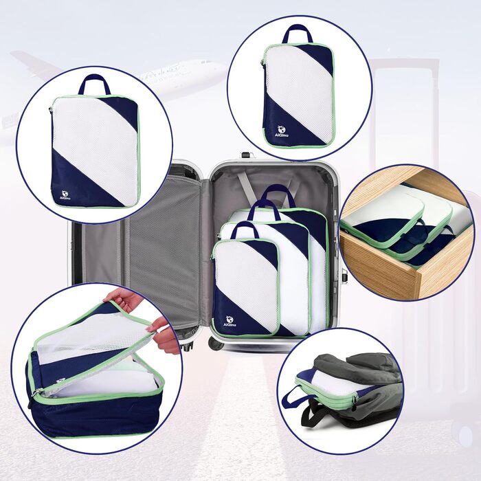 Набір компресійних органайзерів для одягу AiQInu (5 шт), ультралегкі сумки для пакування в подорожі з мішком для взуття та білизни, темно-синій