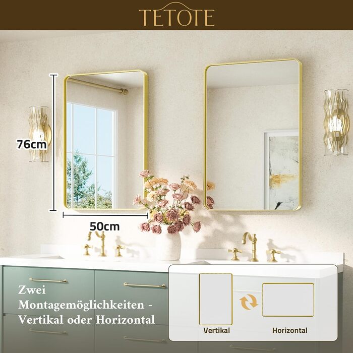 Дзеркало настінне TETOTE 40x50 см, прямокутне, з металевим каркасом, для ванної кімнати, з закругленими кутами, скло загартоване, золотий колір