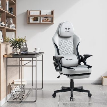 Ігровий крісло BRTHORY Ergonomic Racing з регульованою підголівником, підлокітниками та підніжкою, з тканиною, пружинним сидінням, функцією гойдання, 135°, сірий