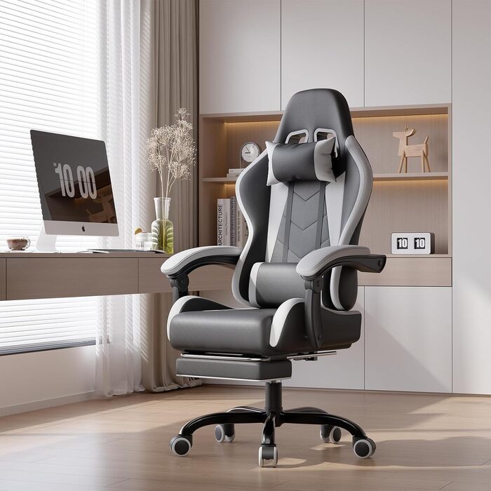 Ігровий крісло JUMMICO з масажем, ергономічний офісний стілець з підпоркою для попереку, регульована спинка 90-135°, підставка для ніг, максимальне навантаження 150 кг (білий, компактний)