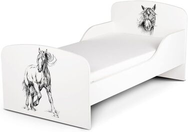 Дерев'яне ліжко Leomark з функціональністю - дитяче ліжко з матрацом, бортиками та ламелями, розмір спального місця 70/140 см, принт UV (Мій кінь)