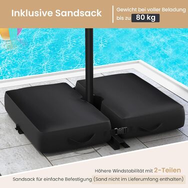 Парасолька від сонця COSTWAY 300 см з підставкою та LED-підсвіткою, бежева — садова парасолька-ампел з ручкою-коробкою та UV-захистом для тераси, басейну та двору