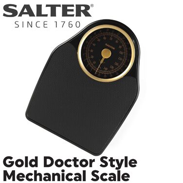 Механічні лікарські ваги Salter 145 GFEU16 - Ваги навантаження 150 кг, Ваги жиру в організмі з ротаційною вказівкою, Ваги ваги тіла з нековзним килимком, Батарейки не потрібні, Чорний/Золотий