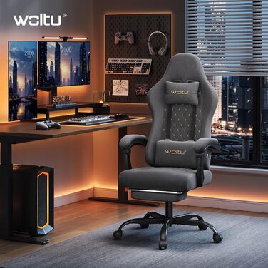 Крісло ігрове WOLTU з масажем, комп'ютерне ергономічне, з пружинним блоком, піддержка попереку, подушка для голови, підніжка, поворотне, 150 кг, сірий+жовтий