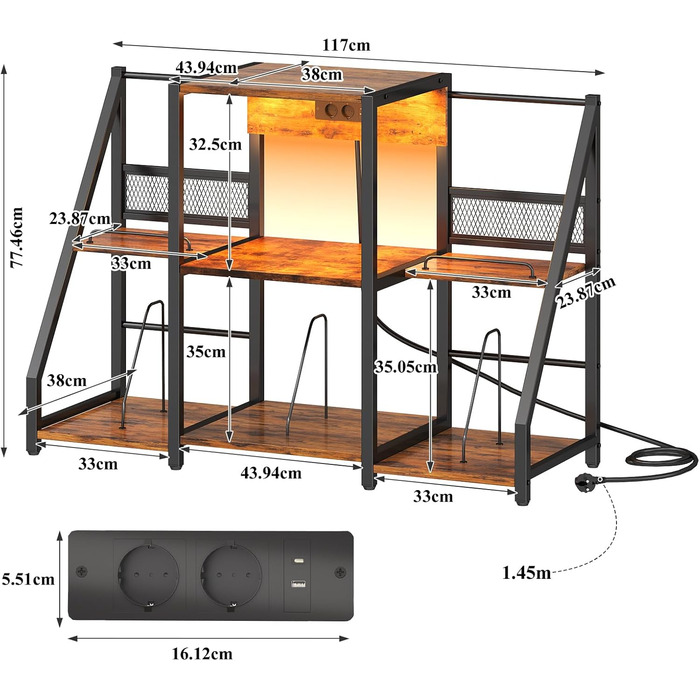 Підставка для програвача вінтаж велика з розеткою та LED-підсвіткою, тримач для платів, полиця для вінілу на 300 альбомів, для вітальні, спальні