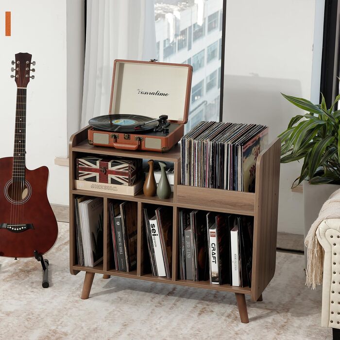 Стіл для програвача, стійка для програвача середини століття з місцем для зберігання до 350+ платівок, шафа для вінілових платівок з регульованими полицями, горіх