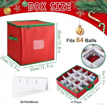 Коробка для зберігання новорічних прикрас VITEVER з регульованими перегородками, 64 кишеньки, 32x32,5x33 см