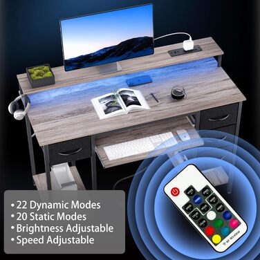 Ігровий стіл BEXEVUE з розетками та LED-підсвіткою 120x50 см. Сучасний комп'ютерний стіл з підставкою для клавіатури, 4 висувними ящиками та великою полицею для навчання, ігор та роботи. Колір: Pure Gray