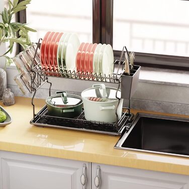 Сушарка для посуду pickpiff 2 рівня, сушарка для посуду сушарка для посуду, Автоматичний злив (42.2 * 23.7 * 35.3 см), сушильна стійка з високоякісного матеріалу чорний стиль 1