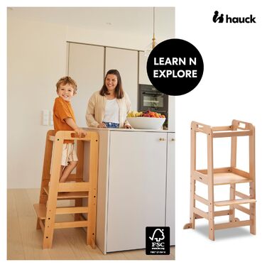 Hauck Learn N Explore: Дитячий навчальний стілець-лесенка з бука (FSC®), регульована висота, стабільний, Montessori, від 1 року, для кухні, столу, ванної кімнати