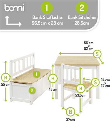 Дитячий меблевий набір Bomi Anna: стіл, 2 стільці та лавка-сховище | Меблі для дитячої кімнати з екологічного дерева | Білий (білий-натуральний)