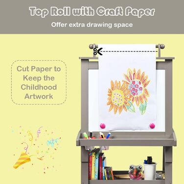 Дитяча мольберт LIFEZEAL 3 в 1: дошка для малювання, whiteboard, крейдяна дошка та рулон паперу, з 2 поличками та ящиками для зберігання, сірий