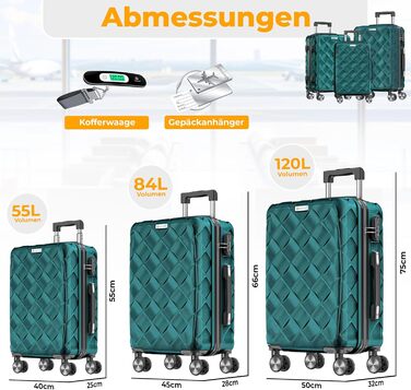 Набір дорожніх валіз KESSER з 3 предметів, жорсткий корпус ABS, кодовий замок, ваги для багажу та дорожній гаманець, колеса 360°, колір Petrol Teal
